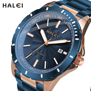 Envío Directo HALEI Nuevo Reloj de Cuarzo Original con Esfera Azul, Correa de Acero Inoxidable en Oro Rosa, Visualización de Fecha, Movimiento Japonés, Venta al Por Mayor - Product Image 1