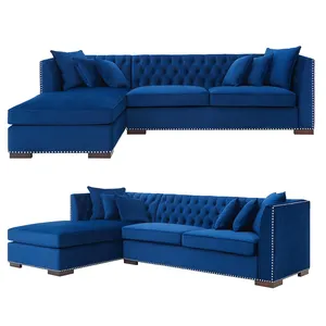 豪华蓝色碎天鹅绒沙发布艺组合切斯特菲尔德沙发套装客厅设计