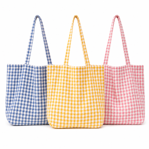 Bolsa de Mano Reutilizable a Cuadros con Logotipo Personalizado, Bolsa de Compras Diaria, Bolsa de Algodón Gingham - Product Image 1