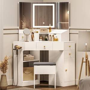 Tocador de esquina, tocador de maquillaje con estación de carga Luces Espejo y taburete de almacenamiento - Product Image 2