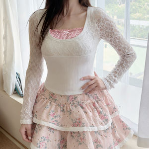 Blusa de Mujer con Encaje de Imitación, Transpirable, Tejida, con Estampado Digital, Corte Regular, Estilo Dulce, Manga Larga, Estética Y2K - Product Image 5