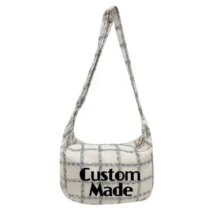 Thick Soft Tweed Cotton Fabric Plaid Style Graceful Chic Crossbody Shoulder Bags Women's Shoulder Bag Handbag With Custom Logo