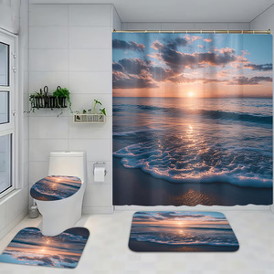Ensemble <span class=keywords><strong>de</strong></span> 4 pièces <span class=keywords><strong>de</strong></span> <span class=keywords><strong>rideau</strong></span> <span class=keywords><strong>de</strong></span> douche personnalisé en polyester imperméable motif coucher <span class=keywords><strong>de</strong></span> soleil en <span class=keywords><strong>bord</strong></span> <span class=keywords><strong>de</strong></span> <span class=keywords><strong>mer</strong></span> avec tapis, couvercle <span class=keywords><strong>de</strong></span> toilette et tapis <span class=keywords><strong>de</strong></span> bain - Product Image 1