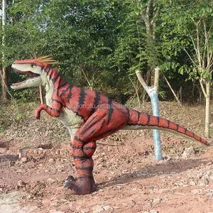 O traje running T rex vermelho colorido exterior do dinossauro corre facilmente com pena