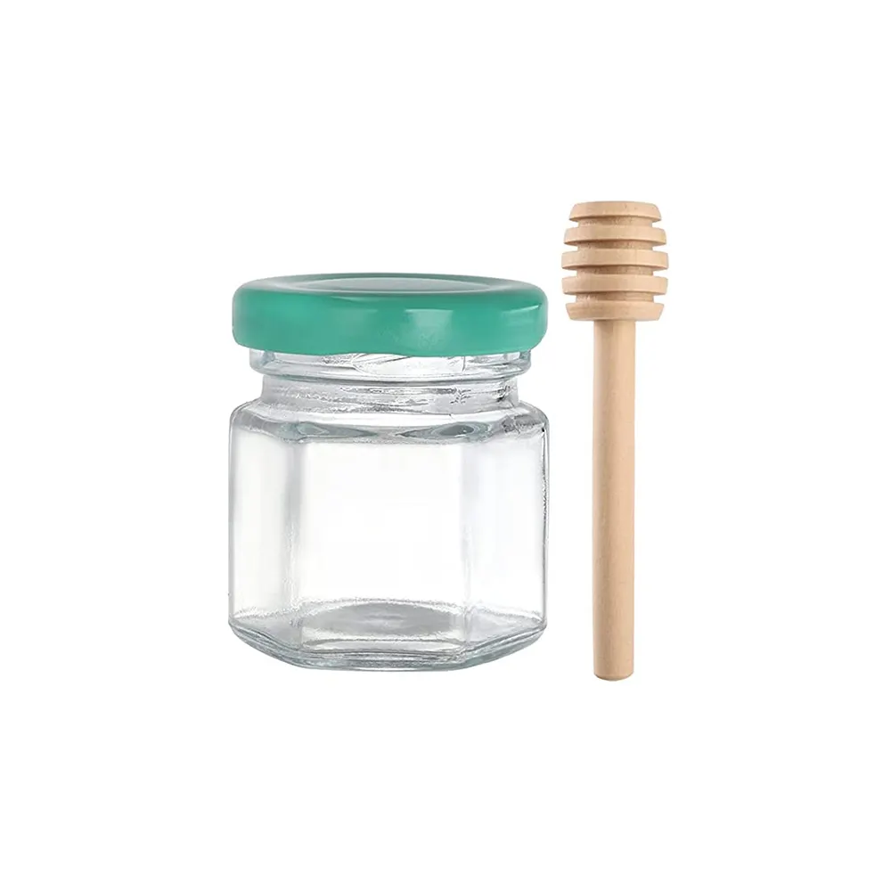 Commercio all'ingrosso 1.5 oz 45 ml mini Marmellata Della Caramella Spezia Cibo Vetro Esagonale Vaso con il Legno Dipper e Coperchio verde