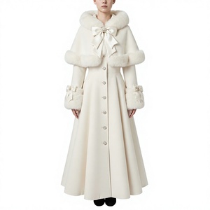 Abrigo de Invierno Elegante para Mujer, Mezcla de Lana, con Capucha de Piel Sintética, Decoración de Botones de Perla y Lazo, Venta al Por Mayor - Product Image 1