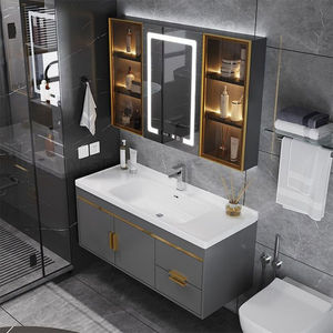 Mueble de Baño Doble con Lavabo, Color Gris Oscuro, con Espejo LED de 3 Puertas y Estante Abierto, para Hogar u Hotel, Venta al Por Mayor - Product Image 3
