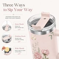 Gobelet isotherme personnalisé de 40 oz avec nom, motif floral, double paroi en acier inoxydable, avec poignée et paille, idéal pour les cadeaux