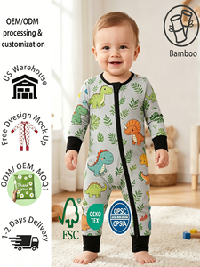 Combinaison bébé en bambou à manches longues avec fermeture éclair bidirectionnelle, imprimé feuille de dinosaure, respirante et douce, pyjama pour nourrisson, personnalisable, en stock aux États-Unis - Product Image 1
