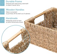Grand panier rectangulaire en osier naturel avec poignées en bois, panier de rangement en jonc de mer tressé à la main pour l'organisation