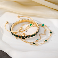KISSWIFE 4PCS Set Perhiasan Gelang Zirkon Hijau Modis Set Gelang Rantai Ular Kristal untuk Wanita