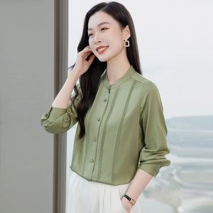 Camisa de seda plisada color liso cuello redondo elegante y versátil para mujer nueva primavera - Product Image 3