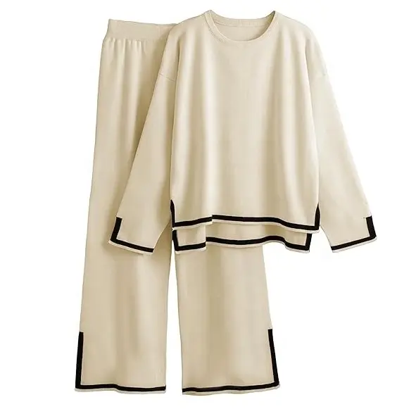 Roupas femininas de 2 peças, blusa de malha de manga comprida, calças largas, conjuntos de agasalho