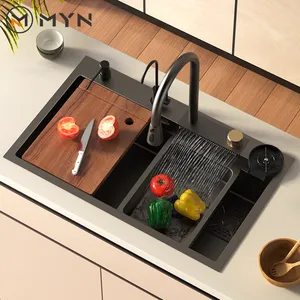 Wastafel Dapur Gunmetal Nano SS 304 Stainless Steel Multifungsi Keran Hujan Wastafel Dapur dengan Air Terjun