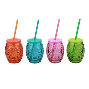 Wholesale colored Drinking 550ml Glass Mason Jars ice cold drink glass mason jars wide mouth with plastic lid and straw