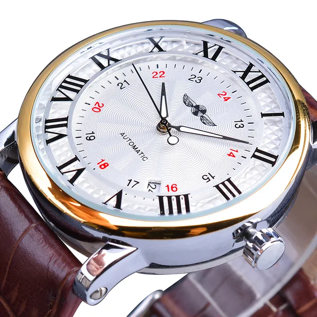 Vincitore Top Brand Luxury Fashion White Golden Clock Date Display cintura in pelle marrone orologi meccanici automatici orologio da uomo