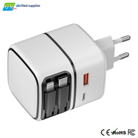 Bloc chargeur mural GaN PD 3.0 35W à charge rapide avec câble Type-C rétractable double, 3 ports Type-C + 1 port USB-A, pliable, prise US