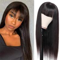 Wig Rambut Manusia Virgin Mentah 100% Harga Murah dengan Poni, Wig Rambut Lurus Brazil Tanpa Lem Tanpa Lace untuk Wanita