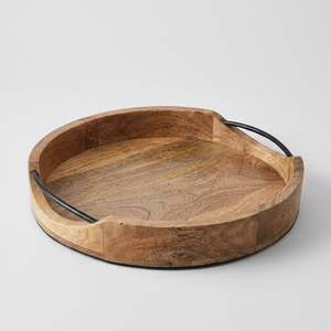 <b>Round</b> Mango Wood <b>Serving</b> <b>Tray</b> with Black Metal Handles – Wholesale Rustic Decorative Wood <b>Tray</b> for Coffee Table, Dining & Home - Product Image 2