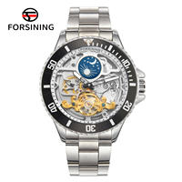 Montre mécanique de luxe pour homme Forsining avec lunette rotative, bracelet en acier, phase de lune creuse, automatique, étanche, montre de business pour homme