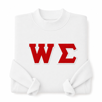 Sweat-shirt à col rond en chenille brodé sur mesure avec applique en lettres grecques dorées Sigma W pour cadeau de fraternité ou de sororité