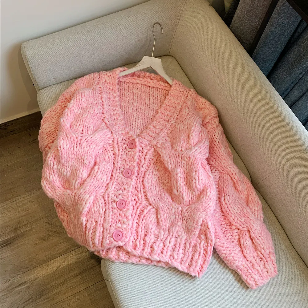 Neue handgemachte einfache Muster häkeln lange hand gestrickte Strickjacke Damen pullover