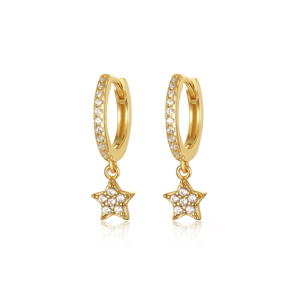 18K Gold Plated 925 Sterling Silver CZ Diamond Star Huggie Earrings Dangle Drop Star Earring Hoops