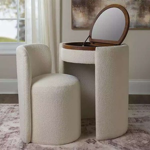 Ensemble coiffeuse moderne en bouclette crème avec miroir rabattable, tabouret et armoire pour chambre à coucher - Product Image 3