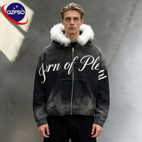 QZFSO – Nouvelle veste d'hiver chaude à capuche en fausse fourrure, avec fermeture éclair, effet vieilli, délavé à l'acide, sérigraphie, sweats à capuche zippés de haute qualité pour hommes