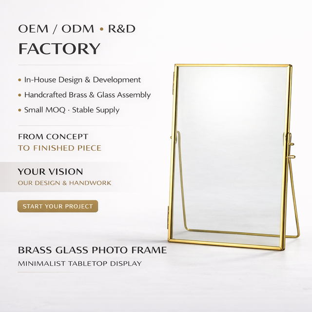 Brass Square Handmade Double Glass Photo Frame with Gold Metal Floating Design