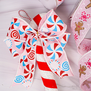 Fita de Natal com Borda Aramada, 10 Jardas/Rolo, 38mm e 63mm de Largura, Rosa, com Motivos de Boneco de Gengibre, Cabana de Neve e Guirlanda - Product Image 6