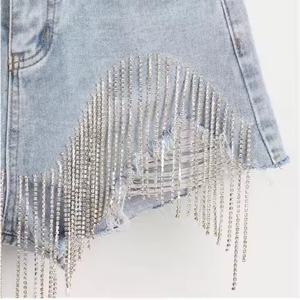 Shorts en jean taille haute sexy pour femme, coupe slim crayon, avec strass et franges, effet usé, écologique, couleur unie, coupe classique, décontracté - Product Image 3