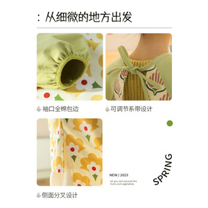 Women's Apron Digital Printing Flower Pattern Long Sleeve Cooking Wear With Pocket For Daily Use - Product Image 4