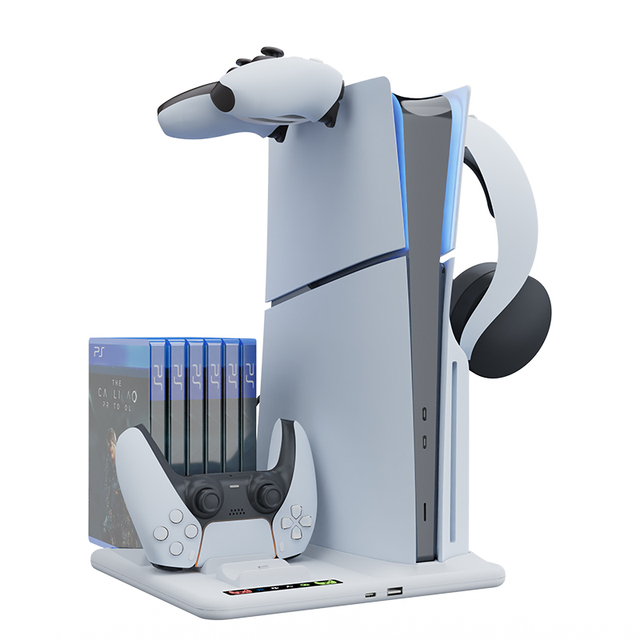 Vertical Stand Cooling Fan Base for PlayStation5 Console with Game Cards Slots Dual Controller Charger Dock Station HBP-537