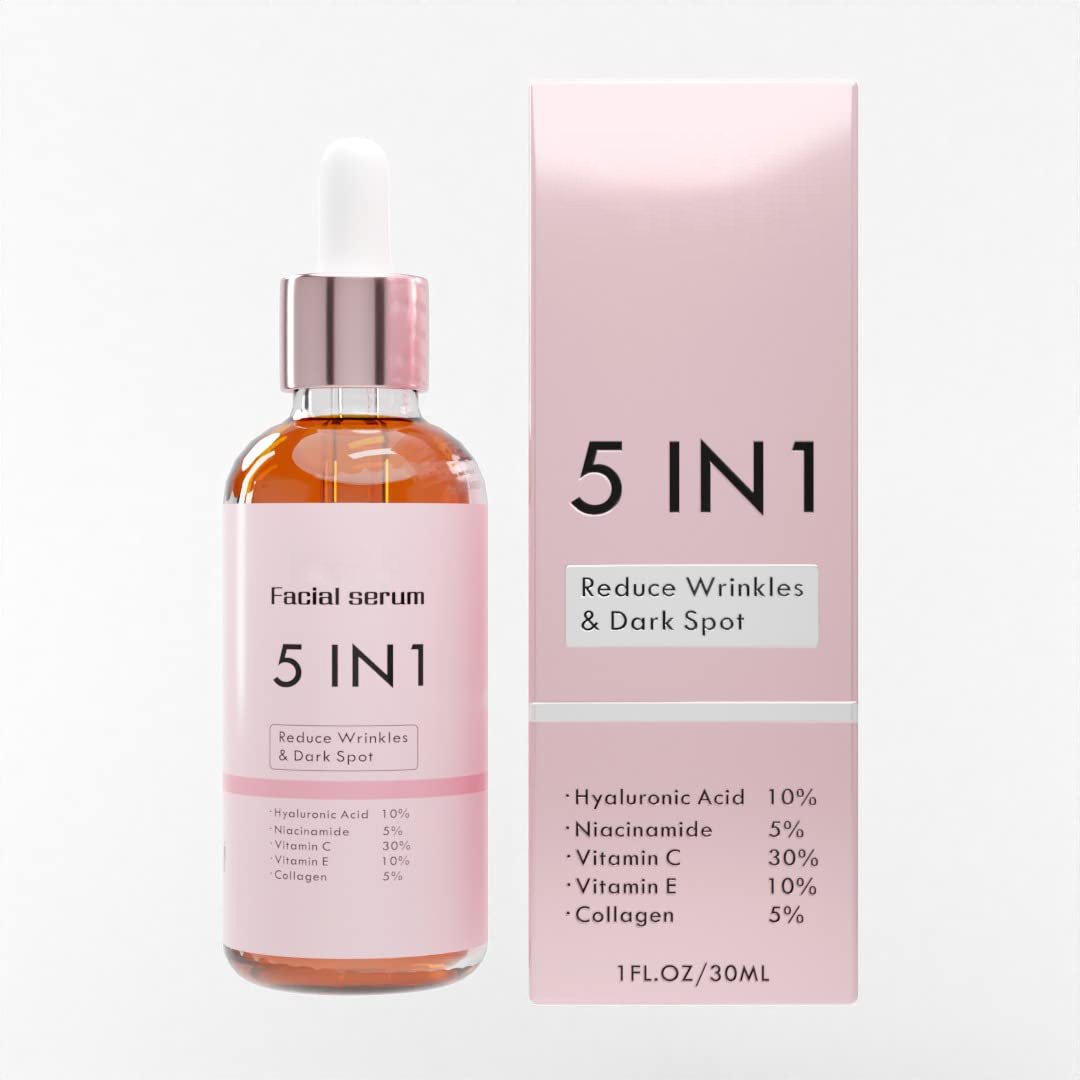 Sérum Anti-âge et Anti-rides 5 en 1 de marque privée, collagène hydratant, éclaircissant, vitamine C et E, blanchissant