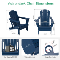 Chaise Adirondack en HDPE, chaises Adirondack pliantes, chaises d'extérieur avec porte-gobelet pour pelouse, patio, terrasse, foyer - Bleu foncé