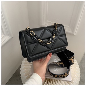 Women's Retro PU Leather Polyester Handbag Lattice Chain Wide Shoulder Strap Small Geometric Leisure <strong>Bag</strong> Fashionable Lady - Product Image 1