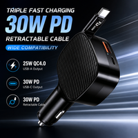 Chargeur de voiture USB-C multifonctionnel 3 en 1 85W avec câble USB-C rétractable QC 3.0 Super rapide