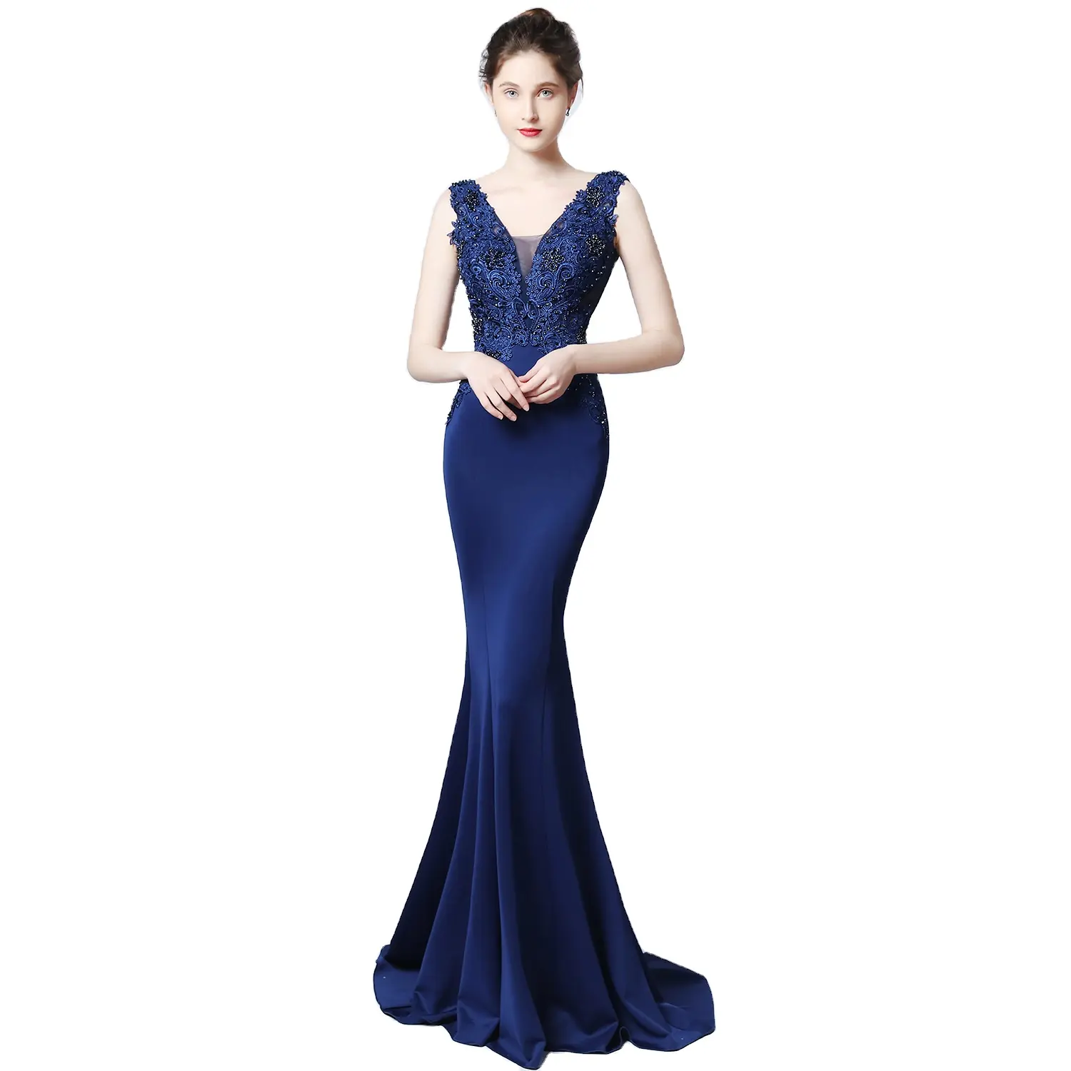 Hot Selling Elegant Lace Handmade Applique Beading Evening Dresses For Party Princess Slim Wedding Gowns Blue Fishtail Dress