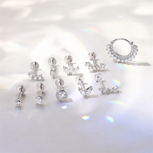 Flat Back 925 <b>Sterling</b> <b>Silver</b> Moissanite <b>Cartilage</b> Stud <b>Earrings</b> Minimalist Flower Triangle Four Prong Threaded Piercing Jewelry - Product Image 5