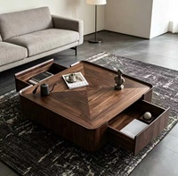 Table basse carrée de style moderne du milieu du siècle, placage en noyer, plateau en parquet géométrique, tiroirs de rangement, table centrale minimaliste pour salon