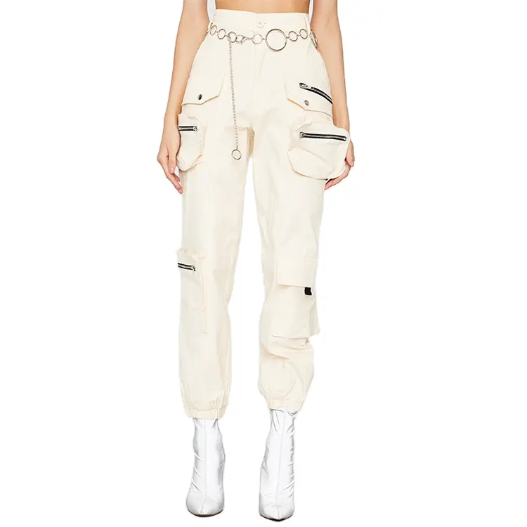3DポケットOリングチェーンベルトホワイトベージュカーゴパンツ、女性用伸縮性裾付き