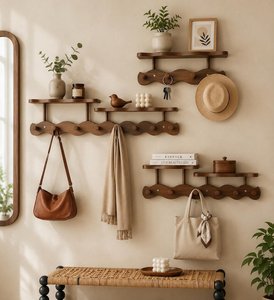 Natural Wood <b>Wall</b> Hook Rack Wooden Coat Hanger Entryway Storage <b>Shelf</b> Bathroom Organizer 4 6 8 Hooks - Product Image 3