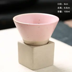 Custom Vintage Funnel Ceramic Mug Coarse Pottery Coffee Cup Antique Japanese Tea Cups with Square Tray