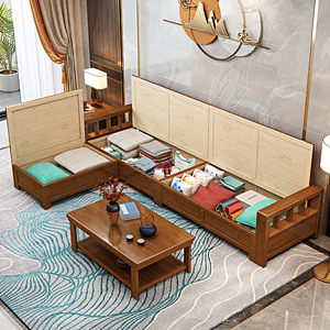Juego de Sofás de Tela Económico, Moderno y Sencillo, con Estructura de Madera Maciza, Estilo Chino Nuevo, con Espacio de Almacenamiento para Espacios Pequeños - Product Image 1
