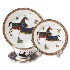 Wholesale fine porcelain 24k gold design dinner horse plates 16 piece stoneware dinnerware set