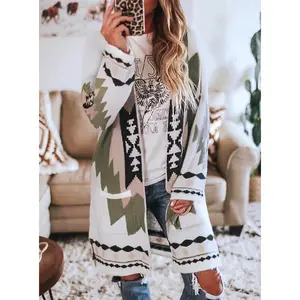 2024 Mùa Xuân Mùa Thu Mùa Đông Phụ Nữ Phụ Nữ Dài Boho Aztec Phong Cách In Cổ Điển Len Cardigan Áo Khoác