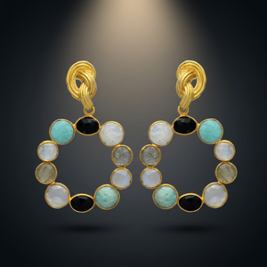 Nouvelle Arrivée Ensemble de Boucles d'Oreilles Pendantes Mini Nœuds Circulaires Multi-Pierres Précieuses Plaqué Or 14K Sertissage Griffe d'Onyx Design Émotionnel - Product Image 2