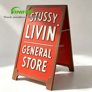 ขาตั้งป้ายแสดงสินค้าแบบตั้งพื้นยี่ห้อ VINO ทำจากไม้อัด พร้อมป้ายกระดานดำด้านหน้า บานพับโลหะ กรอบสีดำ/แดง - Product Image 1