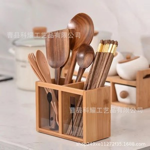 Wooden Chopstick Holder Double Compartment <b>Kitchen</b> Utensil <b>Storage</b> <b>Rack</b> Multifunctional Countertop Organizer Rectangular - Product Image 3